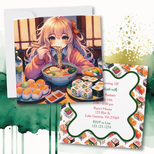 Sushi and Ramen Girl's Anime Birthday Party Invitation (Creator Uploaded)