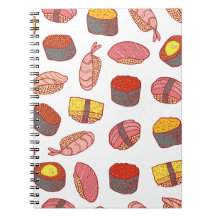 Sushi and rolls seamless pattern. Doodle cartoon c Notebook