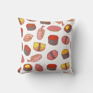 Sushi and rolls seamless pattern. Doodle cartoon c Throw Pillow