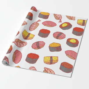 Sushi and rolls seamless pattern. Doodle cartoon c Wrapping Paper
