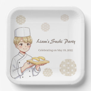Sushi Birthday Party Invitation with Cute Anime  Paper Plate