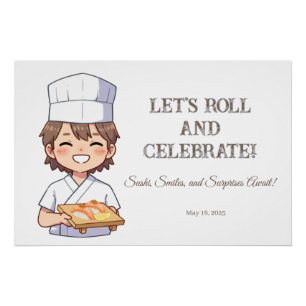 Sushi Birthday Party Invitation with Cute Anime Poster