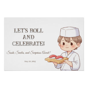 Sushi Birthday Party Invitation with Cute Anime  Poster