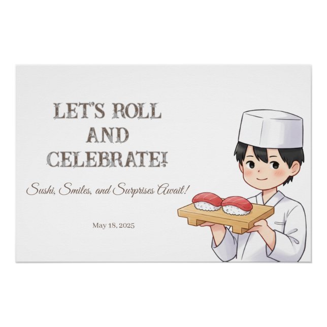 Sushi Birthday Party Invitation with Cute Anime  Poster (Front)