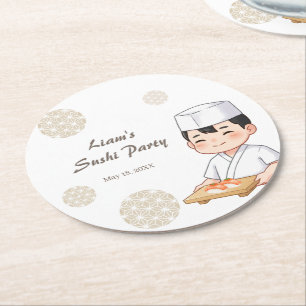 Sushi Birthday Party Invitation with Cute Anime Round Paper Coaster