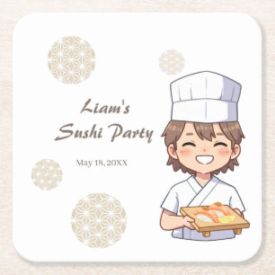 Sushi Birthday Party Invitation with Cute Anime Square Paper Coaster