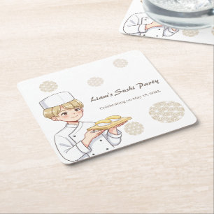 Sushi Birthday Party Invitation with Cute Anime  Square Paper Coaster