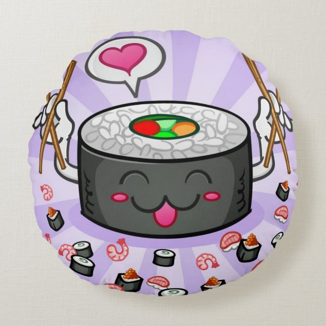 Sushi Cartoon Character Eating Lots of Shrimp Round Pillow (Front)