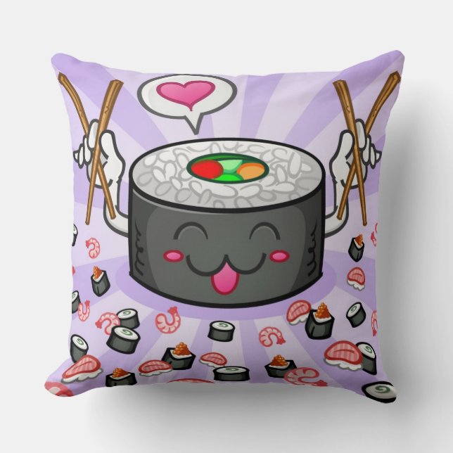 Sushi Cartoon Character Eating Lots of Shrimp Throw Pillow (Front)