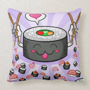 Sushi Cartoon Character Eating Lots of Shrimp Throw Pillow