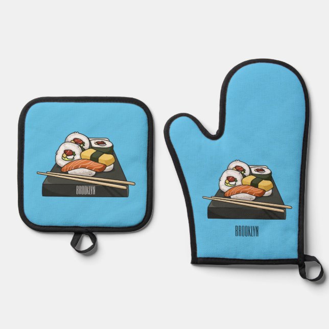 Sushi cartoon illustration  oven mitt & pot holder set (Front)