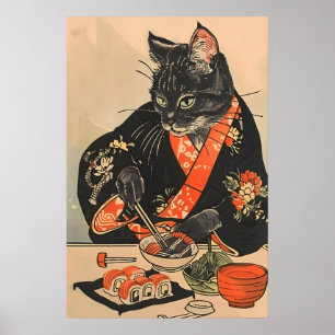Sushi Cat Art Print – Black Kimono Cat Eating