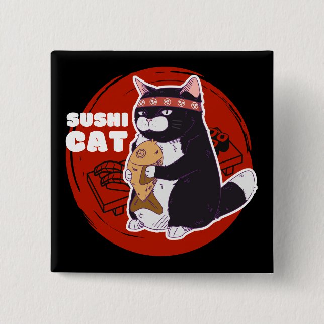 Sushi Cat, Samurai Cat Chonky Cat 2 Inch Square Button (Front)