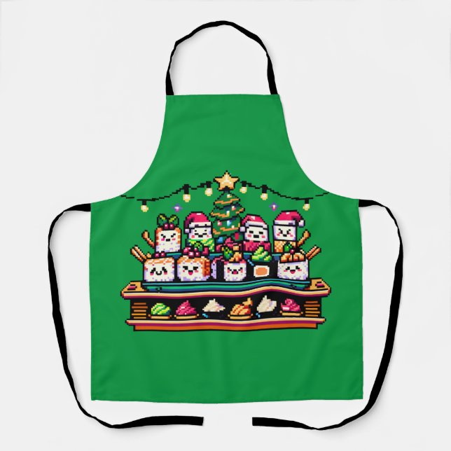 Sushi Christmas Celebration - Festive 8-Bit Design Apron (Front)