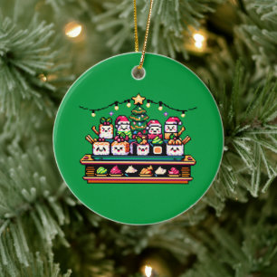 Sushi Christmas Celebration - Festive 8-Bit Design Ceramic Ornament
