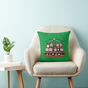 Sushi Christmas Celebration - Festive 8-Bit Design Throw Pillow