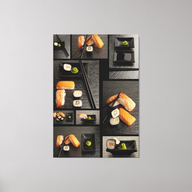 Sushi collection on black background canvas print (Front)
