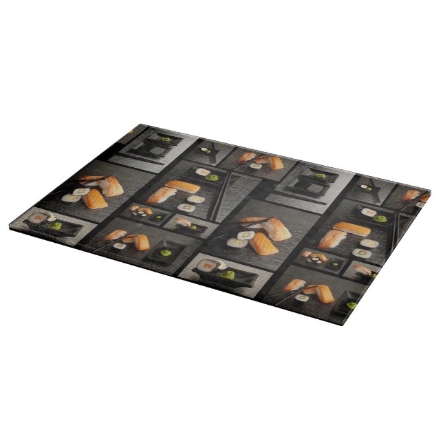 Sushi collection on black background cutting board (Corner)