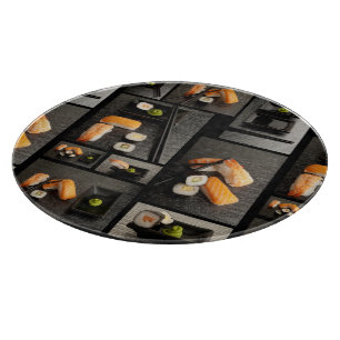 Sushi collection on black background cutting board