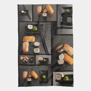 Sushi collection on black background kitchen towel