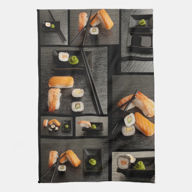 Sushi collection on black background kitchen towel (Vertical)