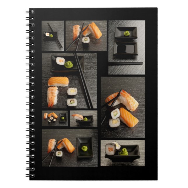 Sushi collection on black background notebook (Front)