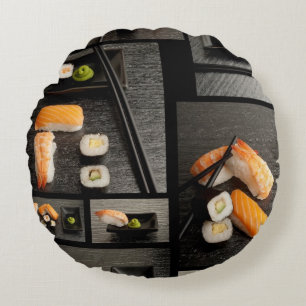 Sushi collection on black background round pillow
