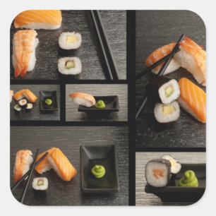 Sushi collection on black background square sticker