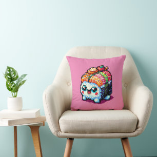 Sushi Companion - Playful Pixelated Culinary Art Throw Pillow