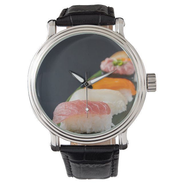 Sushi Elegance Watch – Classic Black & Leaf (Front)