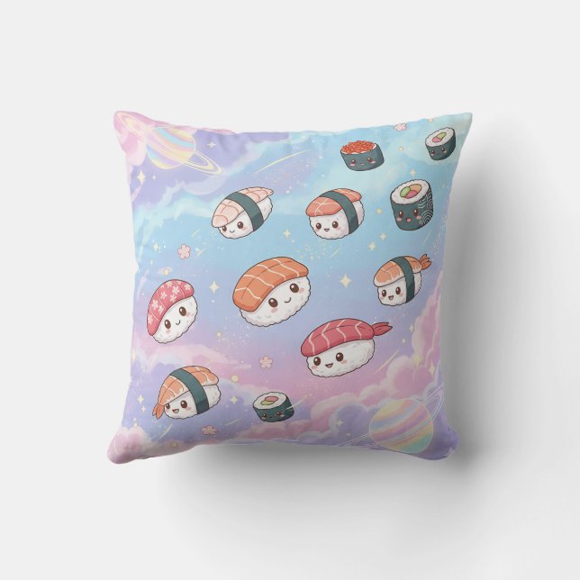 Sushi Flying in Pastel Galaxy Sky Throw Pillow (Back)