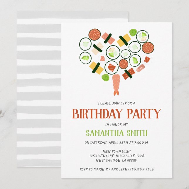 Sushi Heart Anniversaire Fête Invitation (Devant / Derrière)