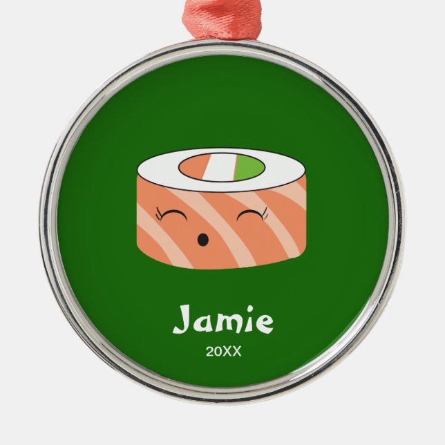 Sushi Holiday Illustration Custom Name Metal Ornament (Front)