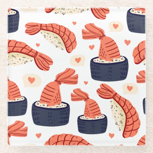Sushi Japanese Food Seamless Pattern Glass Coaster (Front)