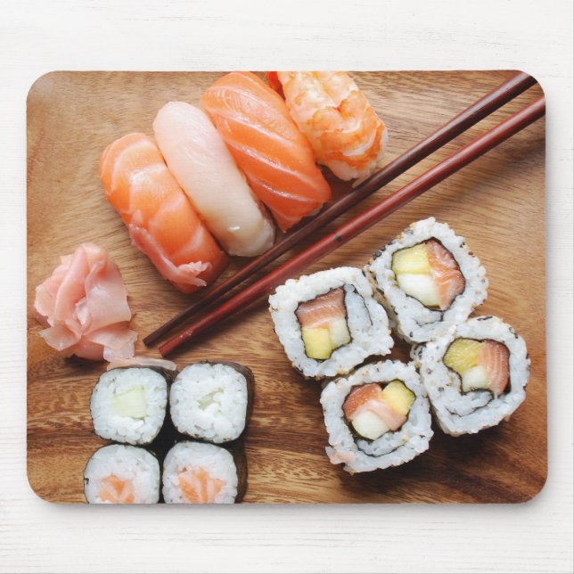 Sushi - Japonese food (on a wooden plate) Mouse Pad (Front)