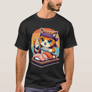 Sushi Master Cat with Sunset holding Katana knife T-Shirt