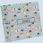 Sushi Nigiri Sashimi Maki Roll Custom Name Binder<br><div class="desc">A pattern of fun Japanese sushi on a blue background.
Personalize by changing the name on the front.</div>