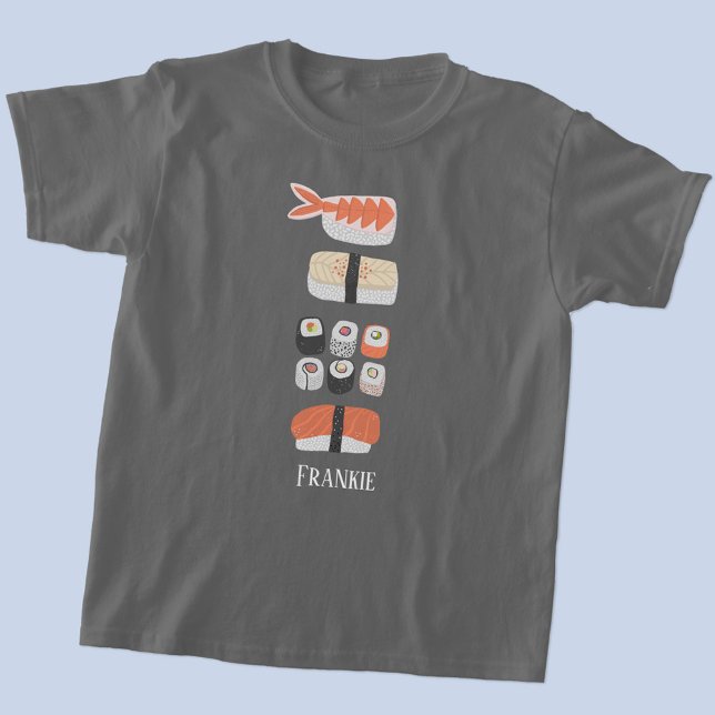 Sushi Nigiri Sashimi Maki Roll Name T-Shirt (Sushi Japanese food art double side print personalized name t-shirt for foodies)