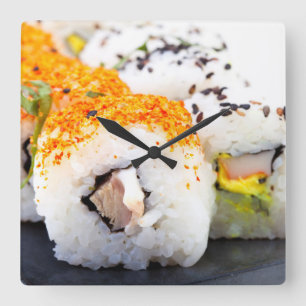 Sushi on a plate square wall clock