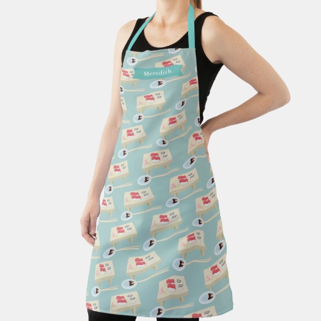 Sushi on Wooden Board Pattern Mint Green Apron (Insitu)