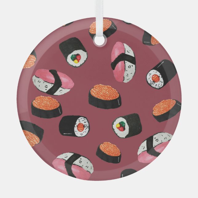 Sushi Onigiri Rolls: Seamless Illustration Glass Ornament (Front)