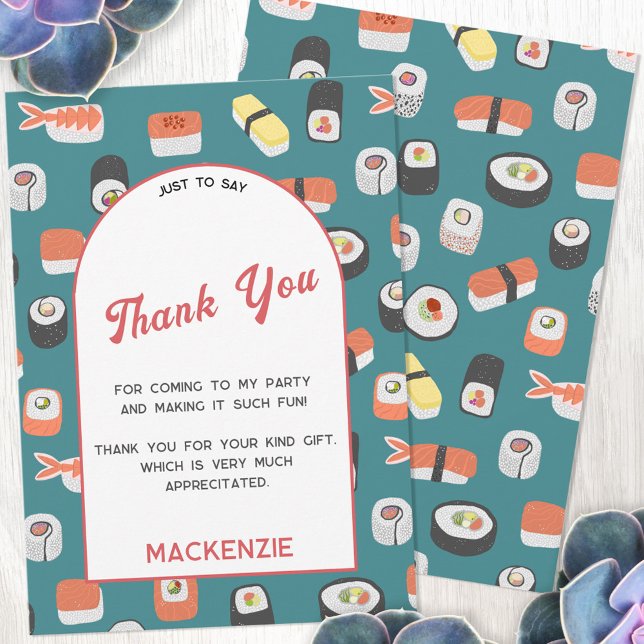 Sushi Party Carte de remerciements (Japanese sushi themed personalized thank you card with custom text)