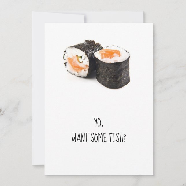 Sushi party invitation, funny humour dinner fish invitation (Front)