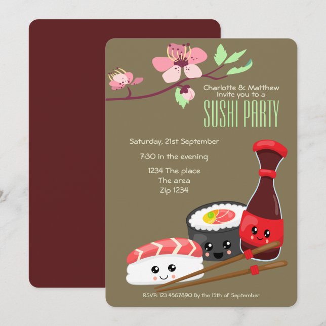 Sushi Party Kawaii Personalize Japanese Themed Invitation (Front/Back)