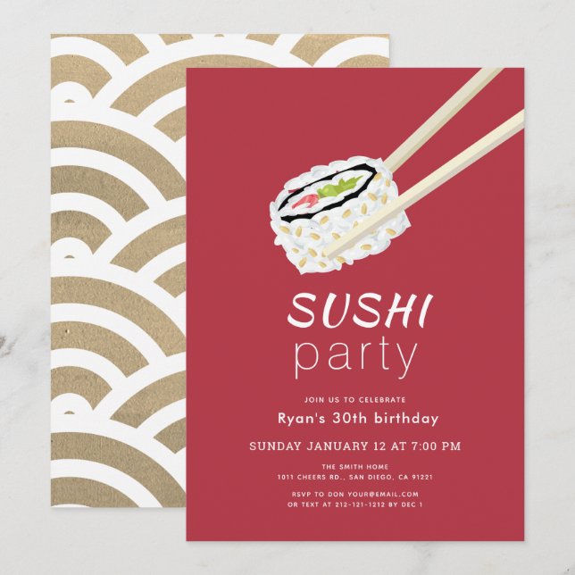 Sushi Party Simple Burgundy & Gold Birthday Invitation (Front/Back)
