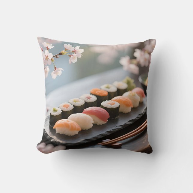 Sushi Platter Cherry Blossom Throw Pillow (Front)