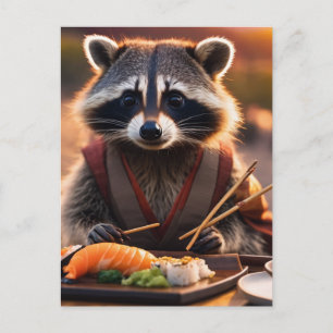 sushi raccoon postcard