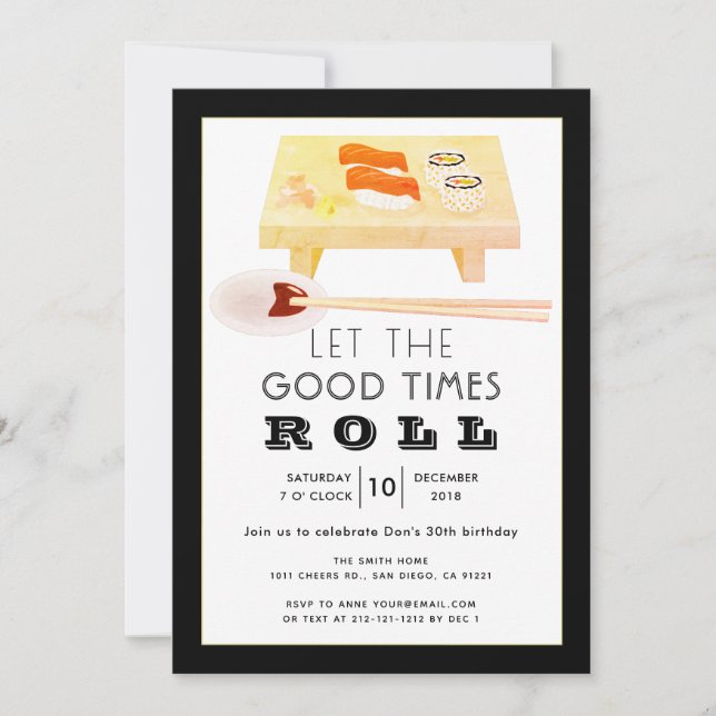 Sushi Roll Black Birthday Party Invitation (Front)