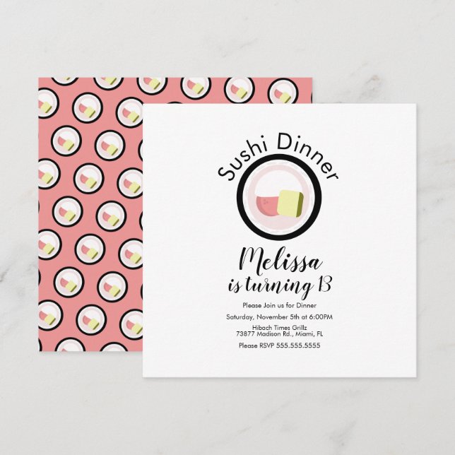 Sushi Roll Salmon Teen Birthday Restaurant Party Card (Front/Back)