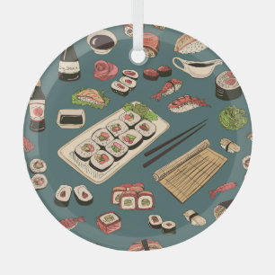 Sushi Rolls: Coloured Seamless Vintage. Glass Ornament
